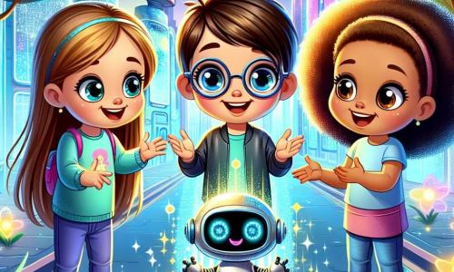 Trois amies, Lila, Emma et Zoé, se tiennent au centre de l'image. Lila, 8 ans, avec de longs cheveux bruns et des lunettes rondes, sourit. À sa droite, Emma, 7 ans, aux cheveux blonds et bouclés, pointe un robot avec excitation. À gauche, Zoé, 9 ans, avec des cheveux raides et noirs, fait un geste de surprise. Le décor est une ville futuriste avec des bâtiments en verre et des voitures volantes, entourée d'arbres géants aux feuilles multicolores et de fleurs lumineuses. Les filles découvrent un petit robot amical, R2D2, qui les guide à travers cette ville magique, symbolisant la magie de leur voyage dans le temps.