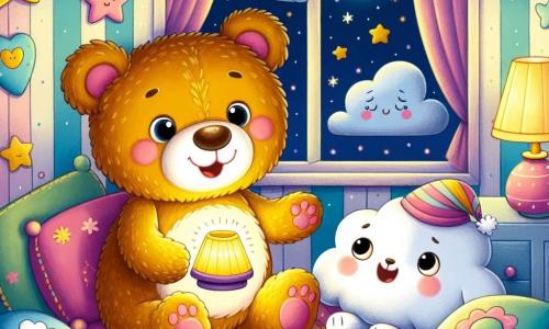 Dans une chambre colorée, Choupinette, une adorable ours en peluche souriante, est assise sur un lit douillet entourée de coussins. Elle tient une petite lampe allumée diffusant une douce lumière dorée. À ses côtés, Coussin, un coussin en forme de nuage, écoute attentivement Choupinette, bien qu'inquiet. La chambre est décorée de murs pastel avec des étoiles et des nuages, et une fenêtre ouverte laisse entrevoir une nuit étoilée. Choupinette raconte une histoire à Coussin, éclairés par la lampe, tandis que la lune brille à l'extérieur, créant une ambiance chaleureuse et magique.