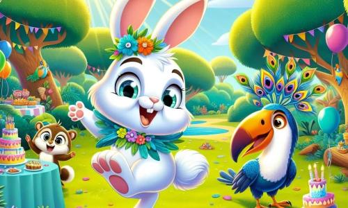 Léo, un lapin aux grandes oreilles et au pelage blanc, sourit en sautillant dans une clairière ensoleillée. Ses yeux brillent d'excitation alors qu'il prépare une fête pour ses amis. À ses côtés, Pavo, un paon aux plumes colorées, se pavane fièrement. Titi, un toucan au bec arc-en-ciel, chante sur une branche avec des fruits exotiques. La clairière, entourée d'arbres majestueux et parsemée de fleurs, est décorée de guirlandes de feuilles et de ballons. Léo et ses amis, joyeux et enthousiastes, s'affairent à préparer la fête.