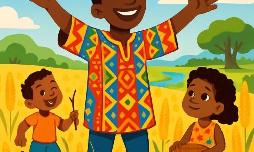 Kofi, un homme grand et souriant, danse au milieu de ses champs de mil dorés, les bras ouverts vers le ciel bleu. Il porte une tunique colorée et son visage exprime bonheur et espoir. À proximité, une petite fille d'environ 8 ans l'observe avec admiration, vêtue d'une robe légère et tenant un panier. Un jeune garçon de 6 ans, souriant et curieux, s'approche en sautillant avec une petite branche. Le champ verdoyant est baigné de lumière dorée, avec des collines à l'horizon et un ciel parsemé de nuages. Kofi célèbre la récolte avec ses voisins, dansant et chantant, entouré de rires d'enfants, tandis que les grains de mil brillent sous le soleil.