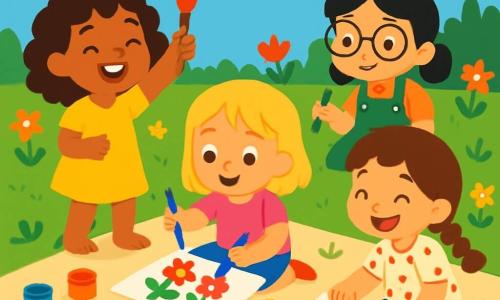 Quatre enfants sont présents : Lila, 7 ans, avec des cheveux bruns et bouclés, portant une robe jaune, souriant à gauche avec un pinceau ; Mila, 6 ans, avec des cheveux blonds raides, vêtue d'un t-shirt rose et d'un short bleu, peignant des fleurs au centre ; Zoé, 7 ans, avec des cheveux châtains et une tresse, habillée d'une blouse à pois, dessinant une route à droite ; et Emma, 6 ans, avec des cheveux noirs et des lunettes, en salopette verte, légèrement en retrait, dessinant une grenouille. L'action se déroule dans un jardin ensoleillé avec des fleurs colorées et de l'herbe verte, autour d'une nappe couverte de pots de peinture et de pinceaux. Les quatre amies peignent ensemble, riant et s'encourageant, tandis qu'Emma, un peu timide, commence à dessiner sa grenouille, applaudie par ses amies. Les couleurs vives créent une atmosphère joyeuse et confiante.