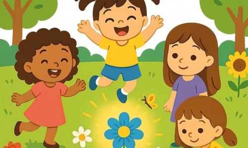 Il y a quatre enfants : Lila, une petite fille de 4 ans avec des cheveux bouclés couleur chocolat et une robe rose, souriante à gauche de l'image ; Zoé, avec des yeux pétillants et des cheveux lisses en couettes, portant un t-shirt jaune et un short bleu, sautillant au centre ; Mia, en robe violette avec des cheveux longs, émerveillée par une fleur bleue à droite de Lila ; et Chloé, avec des cheveux châtains et une robe à fleurs, accroupie en train de dessiner dans le sable à droite. L'action se déroule dans un parc coloré avec des fleurs éclatantes et une belle fleur bleue au centre, sous un ciel bleu clair. Les filles sont réunies autour de la fleur bleue, fermant les yeux et rêvant d'aventures, tandis qu'un papillon doré vole autour d'elles, ajoutant une touche de magie.