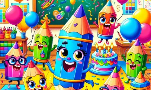 Petit Crayon, un crayon bleu vif souriant, danse joyeusement au milieu de la classe, entouré de ballons colorés. Ses amis, un crayon rouge riant, un crayon vert applaudissant et un crayon jaune faisant des pirouettes, sont également présents, tous heureux. La salle est décorée de guirlandes et d'un tableau rempli de dessins, avec un gâteau en forme de palette de peinture. Petit Crayon célèbre son anniversaire dans une ambiance festive et joyeuse, entouré de ses amis.