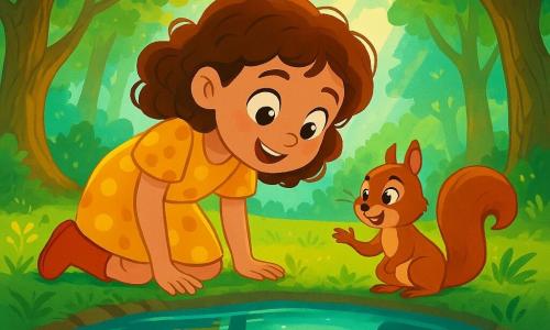 Clara, une petite fille de 8 ans aux cheveux châtains bouclés et aux yeux curieux, se tient au bord d'un lac scintillant. Elle porte une robe jaune à pois et des bottes en caoutchouc, affichant un visage émerveillé. À ses côtés, un écureuil roux aux yeux brillants semble lui parler et l'encourage à regarder dans l'eau. La scène se déroule dans une forêt enchantée, avec des arbres majestueux et des rayons de soleil créant des motifs lumineux au sol. Clara se penche au-dessus du lac, fascinée par son reflet et celui d'une silhouette mystérieuse, tandis que l'écureuil l'observe attentivement.