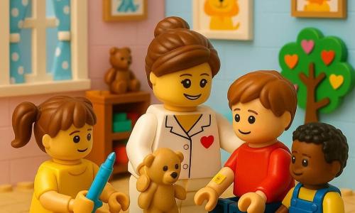 Une femme médecin souriante aux cheveux châtain en chignon, en blouse blanche avec une poche brodée d’un cœur, est assise sur un tapis coloré, tenant un petit ours en peluche et posant une main réconfortante sur l'épaule d'un enfant ; elle montre un pansement décoré d'étoiles, son expression est bienveillante et rassurante. Tom, environ 4 ans, le visage un peu rougi et souriant timidement, est assis à côté d’elle avec un petit pansement au bras, regard soulagé. Autour d’eux, une fille de 5 ans en robe jaune aux couettes touche une seringue-jouet et un garçon de 3 ans en salopette bleue tient un autocollant lapin ; tous sont en demi-cercle. Le décor rappelle une crèche en briques LEGO aux murs pastel, grandes fenêtres arrondies avec rideaux à pois, étagères basses de doudous et blocs, affiches d’animaux souriants et un grand arbre en papier couvert de cœurs. L’éclairage est chaud et doux, textures nettes et couleurs vives pour une ambiance tendre, sécurisante et optimiste après un petit soin.