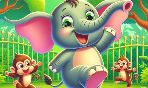 Un éléphant joyeux nommé Éli danse avec entrain dans un enclos de zoo verdoyant, rayonnant de bonheur. À proximité, des singes malicieux sautent de branche en branche, riant de sa danse. Le sol est couvert de feuilles vertes et de fleurs colorées, tandis que des arbres majestueux entourent l'enclos. Éli, souriant, danse avec les encouragements des singes, créant une ambiance festive.