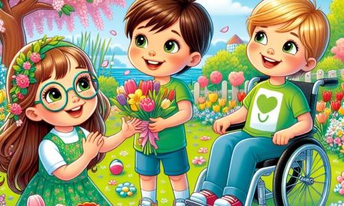 Dans un jardin ensoleillé, trois enfants sont réunis : Mia, 8 ans, souriant avec un bouquet de fleurs colorées, Lucas, 7 ans, riant en lançant une balle, et Léo, 6 ans en fauteuil roulant, regardant ses amis avec joie. Le jardin est rempli de fleurs éclatantes et le ciel est bleu avec quelques nuages. Ils célèbrent le printemps en organisant une petite fête sous un cerisier, partageant des collations et jouant ensemble, entourés par la beauté de la nature.