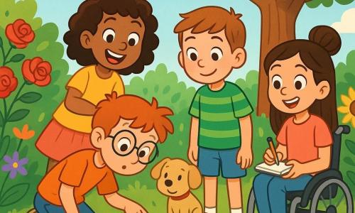 Quatre enfants, deux garçons et deux filles, se tiennent dans un jardin coloré. Lucas, 10 ans, avec des lunettes rondes et des cheveux ébouriffés, examine une boîte mystérieuse au sol. À côté de lui, Emma, 9 ans, aux cheveux bouclés, pointe la boîte avec excitation. Jules, 10 ans, en t-shirt à rayures, observe la scène avec son petit chien Biscuit. Sofia, 9 ans, en fauteuil roulant, sourit et prend des notes. Le jardin est rempli de fleurs éclatantes et un grand chêne offre de l'ombre. Les enfants découvrent une boîte pleine de lettres anciennes et de souvenirs oubliés, prêts à percer son mystère.