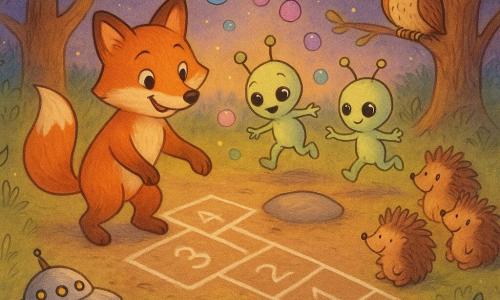 Léo, renard roux au pelage brillant, trace une marelle à la craie en invitant Pruk, Pipo et Pata — trois petits extraterrestres verts en forme de graine — qui sautillent maladroitement autour d'une grande pierre centrale éclairée, tandis qu'une chouette perchée observe, une famille de hérissons attend au bord, des lucioles scintillent au-dessus et une petite soucoupe argentée a déposé des coussins ; clairière ronde aux troncs chaleureux, mousse au sol, lumière crépusculaire dorée et violette, ambiance conviviale et ludique avec bulles colorées soufflées par les aliens et textures dessin au crayon en overlay.