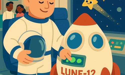 Malo, homme calme au visage rond et cheveux châtain courts, porte une combinaison spatiale blanche à bandes bleues et tient son casque sous le bras; il sourit doucement en appuyant sur un grand bouton vert dans la cabine de la petite fusée Lune-12, une voiturette ronde crème et rouge aux hublots brillants et trois voyants verts; un minuscule être-étoile jaune aux yeux noirs flotte près de la fenêtre en laissant une traînée pailletée; l'intérieur du port spatial est cosy avec parois métalliques, panneaux colorés, siège en cuir bleu et une grande fenêtre sur un ciel étoilé pastel; Malo prépare le décollage et remarque le petit point lumineux à l'extérieur; composition simple, couleurs contrastées et atmosphère rassurante pour un enfant de 4 ans.