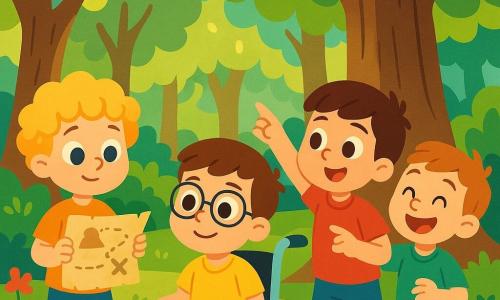 Quatre garçons se tiennent dans une forêt enchantée : Lucas, 8 ans, avec des boucles dorées, tient une carte ancienne ; Timéo, 7 ans, pointe vers un arbre ; Hugo, 9 ans, souriant et en fauteuil roulant, les observe ; Max, 6 ans, rit derrière Hugo. Ils découvrent une carte mystérieuse devant un vieux chêne, prêts à déterrer un trésor caché, entourés par la magie de la forêt.