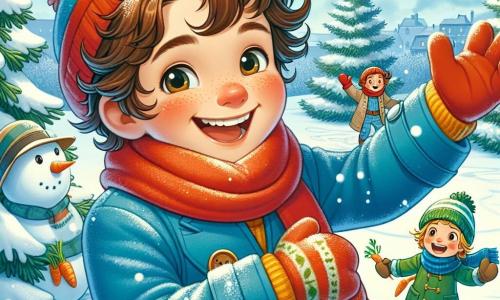 Maxime, un garçon de 11 ans aux cheveux châtains et bouclés, sourit en lançant une boule de neige. Il porte un manteau bleu vif, une écharpe rouge et des gants colorés. À ses côtés, Lucas, aussi âgé de 11 ans, avec des cheveux blonds et des lunettes rondes, rit en se préparant à attraper la boule de neige, vêtu d'un manteau vert et d'un bonnet en laine. En arrière-plan, Sarah, une fille de 10 ans aux longs cheveux bruns, sourit en tenant une carotte pour le nez d'un bonhomme de neige qu'ils construisent. Ils se trouvent dans un parc hivernal, recouvert de neige, avec des sapins chargés de flocons et un ciel bleu clair. La scène montre Maxime et ses amis s'amusant dans une bataille de boules de neige, créant des souvenirs joyeux sous le ciel d'hiver.