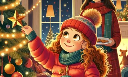 Une petite fille de 7 ans, Lila, aux cheveux bouclés et dorés, décore un grand sapin de Noël dans le salon. Elle porte une doudoune rouge et un bonnet en laine, souriant en accrochant une étoile dorée qu'elle a fabriquée. Sa maman Émilie, une femme d'environ 30 ans avec de longs cheveux bruns, l'observe avec fierté, tenant un plat de biscuits au gingembre. Le salon est décoré avec un sapin illuminé, des guirlandes scintillantes et des cadeaux au pied du sapin. Lila accroche son étoile au sommet du sapin, tandis que sa maman l'encourage, créant une ambiance festive et joyeuse.