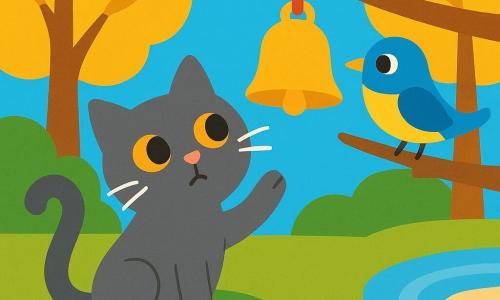 Un chat gris aux longues moustaches blanches et à la queue en point d’interrogation, aux yeux miel, est assis sur un tapis de mousse verte la patte levée vers une petite cloche dorée suspendue par un ruban rouge à une branche au-dessus d’un ruisseau argenté; un oiseau bleu et jaune sur la branche incline la tête vers le chat, les arbres aux feuilles jaune bouton d’or et troncs arrondis encadrent la scène lumineuse aux couleurs saturées centrée sur le chat, la cloche et l’oiseau.