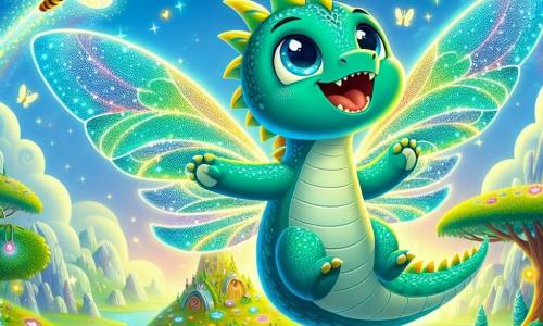 Un jeune dragon turquoise nommé Zéphir vole joyeusement dans le ciel, ses yeux brillants de curiosité et de bonheur. Il déploie ses majestueuses ailes, laissant derrière lui une traînée de lumière. À ses côtés, une luciole dorée appelée Lila, avec des ailes scintillantes, virevolte en riant, ses antennes frémissantes d'excitation. En arrière-plan, une île flottante se dresse, ornée d'arbres aux feuilles en forme de cœur et de fleurs colorées. Des rivières aux reflets arc-en-ciel serpentent à travers le paysage, tandis que des papillons lumineux dansent dans l'air. La scène dégage une atmosphère de magie et d'aventure, alors que Zéphir et Lila s'apprêtent à explorer cette île enchantée.