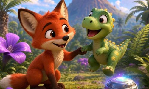 Félix, petit renard roux à la fourrure douce et aux grandes oreilles rondes, sourit émerveillé en s'accroupissant et tient la patte d'un bébé dinosaure vert clair à taches jaunes qui rit et saute de joie; une boîte ronde argentée aux lumières clignotantes repose sur un rocher en émettant une lueur douce, autour d'eux une prairie préhistorique luxuriante avec fougères géantes, grandes fleurs violettes et palmiers bas, un volcan arrondi au loin sous un ciel bleu — ambiance sûre, magique et colorée, instant de jeu complice laissant présager une aventure temporelle.
