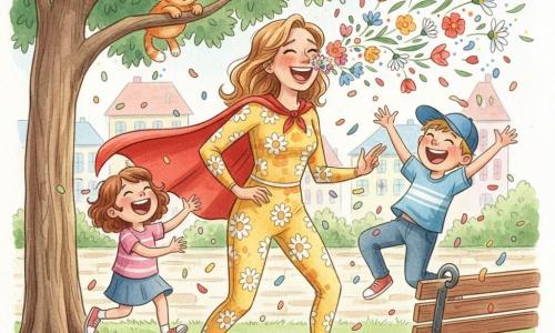 Super-Louise, souriante, éternue des fleurs colorées au-dessus de sa tête; elle porte une cape rouge et une combinaison jaune à marguerites, debout dans un parc ensoleillé sur une pelouse verte texturée; à gauche, une fillette d’environ 7 ans aux cheveux courts bouclés rit en tendant les mains pour attraper des pétales, à droite un garçon de 9 ans en casquette bleue saute en riant parmi des confettis, un petit chat roux accroché à une branche derrière elle regarde la scène; ambiance aquarelle aux couleurs vives, éclaboussures légères, ombres pastel et contours doux, instant comique et chaleureux où tous rient tandis que fleurs et confettis tombent.