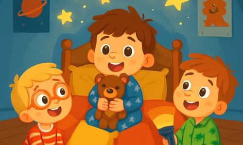 Il y a trois personnages : Paul, un garçon de 4 ans aux cheveux bruns en bataille, portant un pyjama bleu avec des étoiles, qui serre son doudou, un ours nommé Nounours ; Léo, un garçon de 4 ans aux cheveux blonds et lunettes rondes, en pyjama rayé rouge et blanc, allongé sur le côté ; et Max, un garçon de 4 ans aux cheveux châtains et taches de rousseur, en pyjama vert avec des dinosaures, assis en tailleur avec une lampe de poche. Ils se trouvent dans une chambre d'enfant chaleureuse aux murs bleu clair, décorée de posters et d'un tapis moelleux. Les trois amis imaginent des étoiles brillantes dans le noir, Paul se sent courageux et Léo et Max partagent des idées pour créer des histoires d'ombres sur les murs.