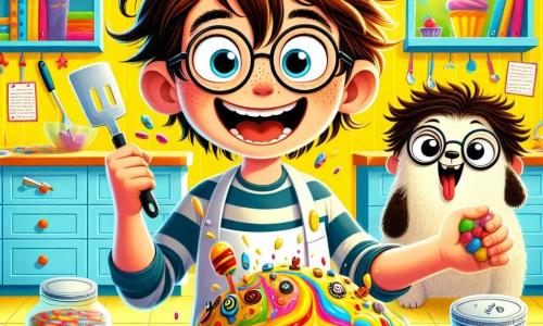 Maxime, un petit garçon de 7 ans avec des cheveux en bataille et un grand sourire, est debout dans une cuisine colorée, portant un tablier trop grand. Excité, il tient une spatule et mélange une pâte multicolore dans un grand bol. À ses côtés, son meilleur ami Léo, également âgé de 7 ans, observe avec admiration tout en tenant un pot de bonbons en forme d'insectes. La cuisine lumineuse, aux murs jaunes, est remplie de livres de recettes et d'ustensiles de pâtisserie colorés. Maxime crée un gâteau amusant avec des bonbons étranges, et des rires résonnent, créant une atmosphère joyeuse et créative.
