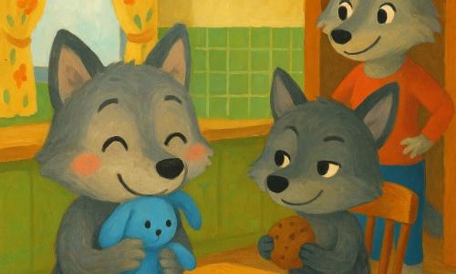 Petit Loup, un jeune loup à la fourrure grise, yeux noisette et joues roses, serre son doudou bleu contre sa poitrine en souriant, soulagé et heureux. Son petit frère Loulou, un louveteau aux oreilles un peu tombantes, est assis sur une chaise basse en souriant malicieusement, tenant un gros biscuit à côté du doudou posé sur la table. Leur sœur aînée, Louve, une adolescente aux poils plus clairs et au regard bienveillant, observe la scène depuis l'embrasure de la porte, les mains sur les hanches. La cuisine cosy et colorée — table en bois clair avec miettes, carreaux verts, lumière douce d'une fenêtre à rideau fleuri et jouets sur le sol — renforce l'atmosphère sûre et chaleureuse. Situation principale : Petit Loup retrouve son doudou près de Loulou, exprimant soulagement et bonheur.