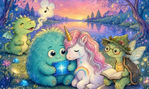 Ploum, petit monstre rond et doux au pelage mousseux bleu-vert, sourit rassurant en tenant une carte bleue brillante; à ses côtés une licorne blanche nacrée à crinière rose et argent pose la tête contre lui, des larmes formant un petit arc‑en‑ciel; derrière, un petit dragon vert aux ailes minuscules souffle une fumée vanille en chantonnant; Tante Tula, tortue ailée aux lunettes rondes et chapeau de feuilles, est assise sur une pierre avec un livre ouvert; le groupe se tient dans une clairière au bord d’un lac miroir bordé de pierres lumineuses et fleurs phosphorescentes, arbres aux feuilles chantantes et ciel crépusculaire étoilé, ambiance douce et réconfortante aux couleurs pastel et contours à l’encre noire.