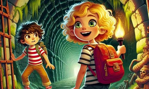 Zoé, une jeune fille aux cheveux bouclés et dorés, porte un sac à dos rouge et un t-shirt à rayures. Son visage exprime une excitation pétillante, avec des yeux brillants et un large sourire. Elle s'accroupit devant une grille rouillée, prête à entrer dans un tunnel mystérieux. À côté d'elle, Léo, un garçon de dix ans aux cheveux bruns en bataille, porte une lampe de poche et la regarde avec complicité, se tenant légèrement en arrière, les mains sur les hanches. Le tunnel est sombre et étroit, avec des murs en briques anciennes recouverts de mousse verte, et des éclats de lumière filtrent à travers des fissures, illuminant des dessins étranges. Zoé et Léo, impatients et curieux, sont prêts à s'aventurer dans l'inconnu, tandis que l'ombre de deux grands garçons, Max et Hugo, se profile à l'entrée de la ruelle, observant avec malice.