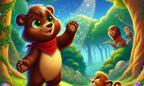 Un ours brun nommé Barnabé se tient sur une colline verdoyante, les yeux brillants et un sourire large. Son pelage est doux et il porte un foulard rouge. Il tend une patte vers un rayon de Lune scintillant. À côté, un lionceau nommé Léon l'admire, assis sur ses pattes avant, tandis qu'un écureuil espiègle, Zoé, grimpe sur une branche en riant. La scène se déroule dans une forêt enchantée, illuminée par la Lune. Barnabé tente d'attraper la Lune, entouré de ses amis qui créent une atmosphère de magie et d'amitié.