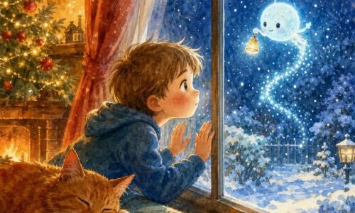 Malo, 6 ans, regarde la nuit dehors avec émerveillement et timidité, nez et mains contre la vitre, visage rond, cheveux châtain clair en bataille et joues rosées; un petit esprit de neige bleu pâle et lumineux, en forme de boule avec minuscules bras et une clochette, virevolte au‑dessus de la neige en traçant un chemin de points scintillants; à gauche, une chatte rousse endormie sur le rebord intérieur du canapé, oreilles tournées vers la fenêtre; salon cosy vu de trois quarts vers la fenêtre, sapin de Noël décoré, cheminée discrète, rideaux tirés, sol en bois et flocons tombant dans le jardin baignés d'une lueur bleue, contraste entre la chaleur ambre de l'intérieur et la froideur bleue extérieure, atmosphère paisible et magique, touches aquarelle pour la neige et les reflets.