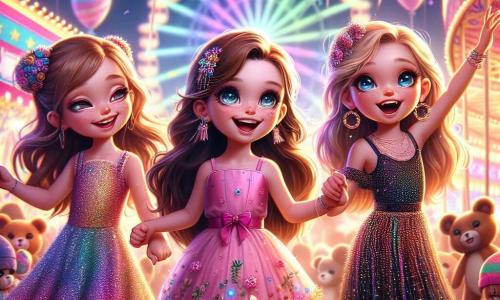 Au centre de l'image, Lila, une petite fille de 7 ans aux longs cheveux bruns et aux yeux pétillants, danse avec enthousiasme dans une robe rose ornée de fleurs. À sa droite, Mia, 6 ans, avec des cheveux blonds et des yeux bleus, rit dans une tenue multicolore pailletée. À gauche, Zoé, 7 ans, cheveux châtains et lunettes rondes, lève les bras en l'air dans une robe noire parsemée d'étoiles dorées. Le décor est un carnaval vibrant avec des ballons colorés, des guirlandes lumineuses et des confettis. En arrière-plan, des stands de friandises et une grande roue ajoutent à l'ambiance festive. Les trois amies se tiennent par la main, riant et dansant au rythme de la musique, célébrant leur amitié et la magie du carnaval.