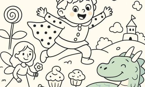 Prince Pompon, garçon d'environ 6 ans, rond et malicieux, saute bras ouverts sur la queue-trampoline du dragon Pastel; la fée Mirabelle, jeune et délicate, lui tend une sucette-fleur; le dragon pastel, grand et doux, sourit en envoyant de petites bulles-nuages. Décor joyeux: champ d'herbe ondulée, cupcakes et sucettes-fleurs sur tiges, lollipops géants, petit château rond et collines arrondies. Scène dynamique, formes simples et contours nets, adaptée aux tout-petits.