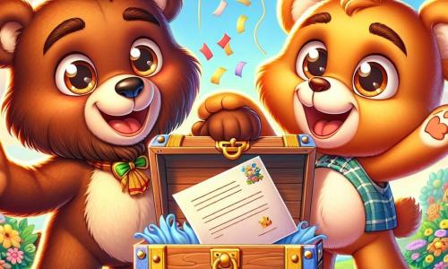 Un coffre en bois nommé Léo, de teinte marron avec des poignées dorées, est ouvert et déborde de souvenirs colorés. Léo, joyeux, montre une lettre à son ami. À ses côtés, un ours en peluche nommé Max sourit, les bras ouverts. Ils sont dans un jardin ensoleillé, entourés de fleurs et de verdure, sous un ciel bleu. Léo et Max célèbrent leur amitié, entourés de souvenirs, de guirlandes colorées et de ballons, créant une atmosphère festive.