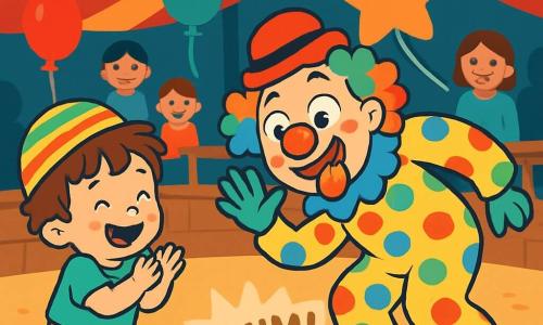 Un petit garçon de 2 ans, Léo, avec des cheveux bruns en bataille et un grand sourire, porte un chapeau à rayures. Il tape dans ses mains, émerveillé. À côté, un clown au nez rouge et aux cheveux multicolores fait des grimaces, tenant un ballon en forme d’étoile. La scène se déroule sous un chapiteau de cirque, rempli de lumières et de ballons. Des spectateurs souriants regardent. Léo, excité, observe le clown qui vient de tomber avec un grand « boum ! », provoquant des rires dans le public.
