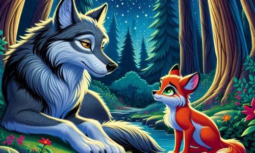 Un loup majestueux nommé Léonard, avec une fourrure grise et des yeux dorés, est assis paisiblement au bord d'un ruisseau, contemplant la lune. À ses côtés, une jeune renarde nommée Luna, au pelage roux et aux yeux curieux, l'observe avec admiration. Le décor est une forêt enchantée, illuminée par la lune, avec des arbres épais et des fleurs colorées. Léonard et Luna partagent un moment de complicité, échangeant des regards pleins de compréhension dans une atmosphère magique et paisible.
