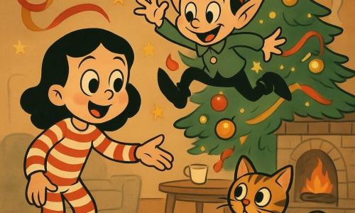 Lina, 6 ans, yeux brillants et sourire émerveillé, en pyjama rayé rouge et blanc tend la main vers une mandarine qui roule ; le Lutin Étincelle, petit garçon-lutin malicieux en bonnet rouge et veste verte, saute sur une branche du sapin faisant tomber des ornements, tandis que Biscotte, chat tigré au regard curieux, observe des mandarines orange vif qui roulent sur le tapis ; le salon chaleureux avec un grand sapin illuminé, une cheminée, tapis beige et table basse avec chocolat chaud dégage une ambiance magique et animée aux couleurs chaudes, ombres arrondies et lignes souples du style rubber hose.