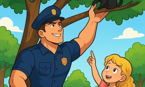 Un policier grand et musclé, portant une casquette bleue et un uniforme impeccable, se tient sous un arbre, le visage déterminé et souriant, regardant vers le haut avec concentration. À ses côtés, une petite fille de six ans, aux cheveux blonds et bouclés, en robe rose, pointe du doigt l'arbre où se trouve son chat. Dans un parc verdoyant avec des arbres feuillus et des fleurs colorées, le policier grimpe doucement dans l'arbre pour attraper le chat noir aux yeux verts, coincé sur une branche.