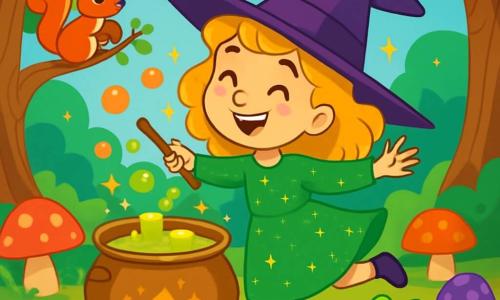 Pétunia, une jeune sorcière aux cheveux dorés, porte une robe verte brillante ornée d'étoiles scintillantes. Elle sourit joyeusement en dansant autour d'une marmite en cuivre qui bouillonne. Une grenouille verte souriante saute joyeusement à proximité, tandis qu'un écureuil curieux observe Pétunia avec une noisette. La scène se déroule dans une forêt enchantée avec des champignons géants colorés et des arbres noueux sous un ciel bleu. Pétunia prépare une potion magique qui fait rire les créatures de la forêt, des bulles colorées flottant vers le ciel et illuminant la scène d'une lumière dorée.