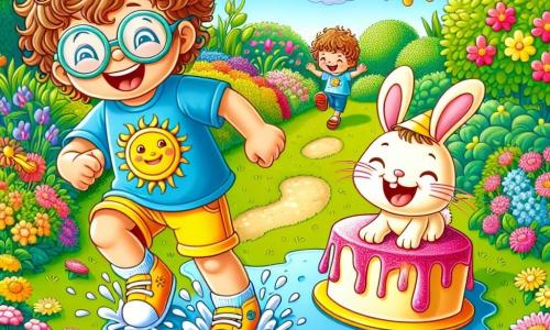 Un petit garçon de 4 ans nommé Léo, aux cheveux châtains et bouclés, rit aux éclats. Il porte un t-shirt bleu avec un motif de soleil et un short jaune. À côté de lui, un lapin farceur, avec de grandes lunettes rondes et un chapeau en forme de carotte, danse joyeusement. Le décor est un jardin ensoleillé, rempli de fleurs colorées et d'herbe verte, où un gâteau rose aux paillettes glisse sur le sol en riant. La scène est joyeuse, avec des rayons de soleil illuminant le jardin. Léo et le lapin glissent avec le gâteau, qui vient de tomber dans une flaque d’eau, créant une ambiance amusante.