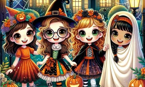 Quatre amies de 10 ans se trouvent dans un jardin décoré pour Halloween. Clara, en sorcière, Lila, en vampire, Zoé, en fantôme, et Mia, en citrouille, sont joyeuses. Le jardin est éclairé par des lanternes en citrouille et des toiles d'araignée ornent les arbres. Elles se tiennent autour d'un miroir ancien brillant, tandis que des silhouettes de fantômes flottent autour d'elles, prêtes à partager des histoires et des aventures.