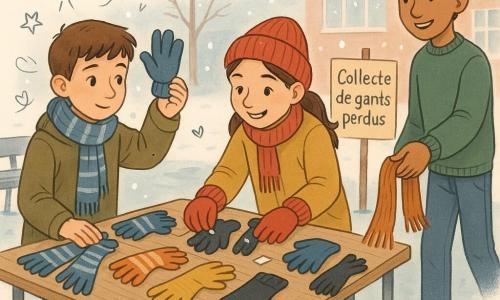 Trois enfants dans une cour d'école en hiver trient des gants sur une grande table en bois : Léo (11 ans, cheveux courts châtain, écharpe rayée bleue, manteau kaki) à gauche aligne des gants rayés et tient un gant bleu cherchant sa paire ; Inès (11 ans, cheveux longs en queue de cheval, bonnet rouge) au centre sourit en triant une pile de gants orphelins et colle des étiquettes ; Samir (12 ans, peau bronzée, pull vert) à droite tend une vieille écharpe orange pour l'ajouter à la collecte. Le sol de ciment luisant présente des plaques gelées, des bancs métalliques et une affiche sur papier craft plantée dans la neige fondue indique « Collecte de gants perdus », tandis que fenêtres embuées et quelques flocons tombant créent une ambiance chaleureuse et solidaire, palette froide rehaussée de touches chaudes et petits doodles d'étoiles, flocons et cœurs.