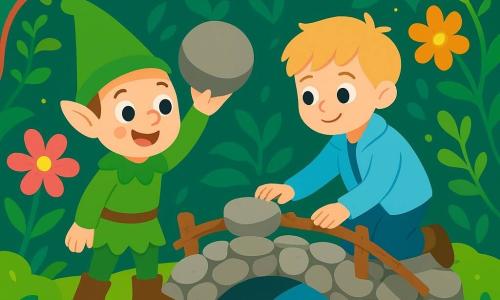 Un lutin nommé Gaspard, joyeux, coiffé d'un chapeau pointu vert et soulevant une pierre ronde pour achever un pont en pierre, et un garçon blond nommé Léo, accroupi à droite en veste bleu ciel, aident à empiler des pierres ; en arrière-plan un labyrinthe végétal de haies enlacées de lianes colorées, grandes fleurs parfumées, feuilles émeraude et petites lucioles, sous une lumière douce aux couleurs vives ; le pont en pierres grises à balustrade de branches entrelacées montre de petites fissures réparées, au-dessus d'une rivière claire et chantante bordée de nénuphars géants, composition centrée sur la construction avec le lutin à gauche et le garçon à droite.