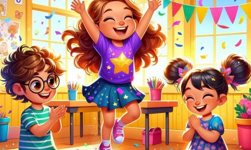 Léonie, une petite fille joyeuse de 8 ans aux longs cheveux bouclés, porte un t-shirt violet avec des étoiles brillantes. Elle saute avec enthousiasme, des confettis colorés s'envolant de ses chaussons roses, son visage rayonnant de bonheur. À côté, Zéphyr, un garçon de 8 ans avec des lunettes rondes, rit en essayant d'attraper les confettis. Camille, une petite fille de 7 ans avec des couettes et une robe à fleurs, applaudit en souriant. La scène se déroule dans une salle de classe lumineuse aux murs jaunes, remplie de dessins d'enfants et de matériel scolaire. Léonie, entourée de ses amis, crée une ambiance festive avec une pluie de confettis multicolores, tandis que les rires des enfants résonnent dans la pièce.
