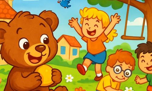 Petit Ours, un ours en peluche aux poils bruns et doux, souriant et aux yeux pétillants, est assis sur l'herbe verte entouré de fleurs colorées. Il tient un petit pain dans ses pattes, laissant des miettes tomber, tout en admirant des enfants qui jouent à proximité. Les enfants, joyeux, portent des t-shirts colorés et des shorts. Une petite fille aux cheveux blonds saute de joie, tandis qu'un garçon aux lunettes rondes s'accroupit pour ramasser une fleur. Le décor est un village de campagne avec des maisons aux volets bleus et un grand chêne, sous un ciel bleu parsemé de nuages et des oiseaux volant au-dessus. Petit Ours découvre la joie de jouer avec ses nouveaux amis, partageant un moment de bonheur rempli de rires et d'énergie estivale.