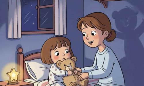 Fille de 2 ans, anxieuse mais soulagée, visage rond, cheveux bruns courts, en pyjama à étoiles, serrant un ours en peluche beige; la mère, ~30 ans, cheveux châtains attachés et sourire doux, s'agenouille près du lit et lui tient la main. L'ours, gros et poilu, posé sur la couverture projette une ombre dansante. Chambre petite et cosy aux murs bleu nuit, étagères de livres colorés, couverture rayée, veilleuse en forme d'étoile sur la table de chevet diffusant une lumière jaune chaude, fenêtre entrouverte sur un ciel étoilé. La mère rassure la fillette dans la pénombre; la veilleuse éclaire leurs visages et les ombres des jouets paraissent amicales. Atmosphère chaleureuse, contrastes doux, lignes rondes, composition centrée sur leur connexion.