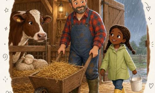 Un fermier souriant aux traits doux, barbe poivre et sel, chemise à carreaux rouge et bleu et salopette en jean, pousse une brouette pleine de paille; Lina, 6 ans, en nattes, bottes jaunes et manteau vert clair, tient un petit seau et marche à côté de lui; une vache brune et blanche le regarde depuis l'étable tandis qu'un agneau crème blotti contre sa mère dort dans un enclos de paille; l'étable en bois, aux poutres apparentes et seaux accrochés, laisse filtrer une lumière tamisée, la pluie tombe dehors sur la porte entrouverte; ils mettent la paille à l'abri sous le toit, créant une ambiance cosy, attentive et protectrice.