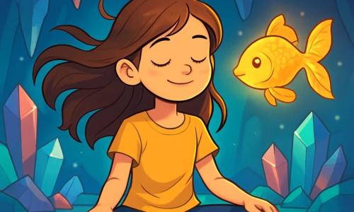 Une fille de 12 ans, Léonie, est assise en tailleur sur un sol de cristal, son visage serein et curieux. Ses longs cheveux bruns flottent autour d'elle, capturant la lumière de la grotte. Elle ferme les yeux avec un léger sourire, respirant profondément, les mains sur les genoux. À côté, un poisson d'or scintillant nage dans l'air, émettant une lumière chaleureuse et semblant danser autour d'elle. La grotte est magique, avec des murs scintillants de couleurs vives et des stalactites brillantes, créant une atmosphère apaisante. Léonie pratique une posture de yoga, inspirant profondément, tandis que le poisson d'or l'accompagne dans une danse légère, apportant paix et bien-être.