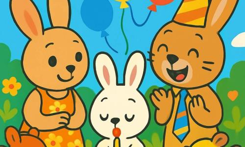 Un petit lapin aux grandes oreilles, avec un pelage doux et blanc, souffle sur une bougie d'anniversaire sur un gâteau coloré. À côté, une maman lapin au pelage brun clair, avec un tablier fleuri, regarde son petit avec fierté. Un papa lapin, portant un chapeau festif et une cravate colorée, applaudit avec un grand sourire. Le décor est un jardin enchanté, rempli de fleurs et de ballons, sous un ciel bleu clair. La scène montre le petit lapin entouré de ses amis chantant et dansant joyeusement autour du gâteau, créant une atmosphère festive.