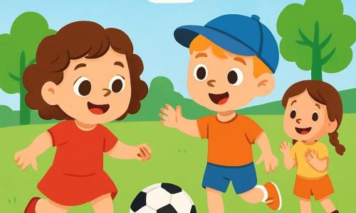 Léna, une petite fille de 6 ans aux cheveux bruns bouclés et aux yeux pétillants, porte des chaussures rouges. Elle sourit largement en tapant dans un ballon de football sur un grand terrain vert. À côté d'elle, Tom, un garçon de 7 ans avec des cheveux blonds et une casquette bleue, court vers le ballon, prêt à jouer. Emma, une fille de 6 ans avec des tresses et un t-shirt jaune, applaudit en souriant. Le terrain est vaste, entouré d'arbres et sous un ciel bleu avec des nuages blancs. Léna, pleine d'énergie, joue avec ses amis, créant une ambiance joyeuse.