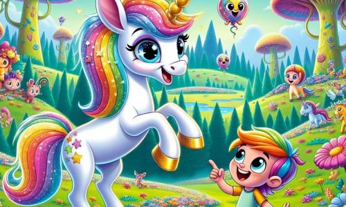 Dans un paysage féerique, une licorne nommée Luminette se tient au centre de l'image. Elle a une crinière aux couleurs de l'arc-en-ciel et un sourire joyeux. Luminette saute avec enthousiasme, entourée de petites créatures. À ses côtés, Zimini, un garçon de 7 ans avec une peau couleur arc-en-ciel et des oreilles pointues, rit aux éclats, portant des chaussures à ressorts. Il pointe un groupe de Gigglybouts, des créatures jouant dans un champ fleuri. Le décor est une vallée enchantée avec des fleurs géantes et un ciel bleu parsemé de nuages en forme de bonbons. La scène représente un moment de pur bonheur, incarnant l'esprit ludique de leur aventure dans le monde fantastique de Fantasia.