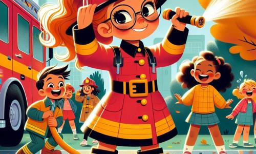 Sophie, une femme pompier énergique, se tient au centre de l'image, souriante et déterminée, en uniforme rouge vif, casque brillant et bottes robustes. Elle brandit une lance à incendie, prête à éteindre un feu imaginaire, ses yeux pétillant de joie. À côté d'elle, Lucas, un garçon de 8 ans aux lunettes rondes, admire la scène, portant un petit casque de pompier et tenant un bidon d'eau. Marie, une petite fille de 7 ans aux cheveux bouclés, rit et encourage Lucas. La scène se déroule dans un parc ensoleillé de Flambelieu, avec un camion de pompier rouge à proximité et des enfants jouant autour. Sophie dirige une démonstration de sécurité incendie pour les enfants, leur enseignant l'utilisation des équipements tout en s'amusant, créant une atmosphère joyeuse et dynamique.