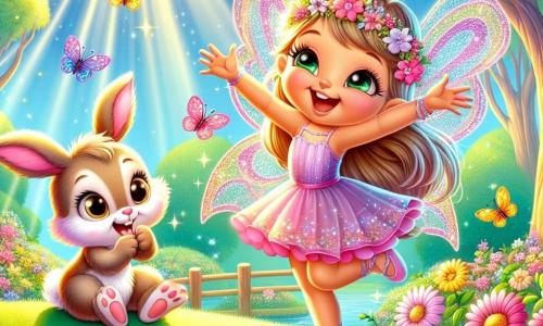 Lila, une petite fée aux longues oreilles roses et aux ailes scintillantes, danse joyeusement dans une clairière ensoleillée, souriante. Ses mouvements gracieux sont entourés de fleurs colorées. À côté d'elle, Mia, une adorable lapine à la fourrure douce et aux grands yeux dorés, applaudit avec enthousiasme, prête à danser. La clairière est entourée d'arbres majestueux dont les feuilles filtrent la lumière, créant une ambiance magique. Des papillons colorés volent autour, enrichissant la scène. Lila et Mia s'entraînent ensemble pour un tournoi de danse, partageant rires et complicité, tandis qu'une douce brise fait bouger les fleurs.